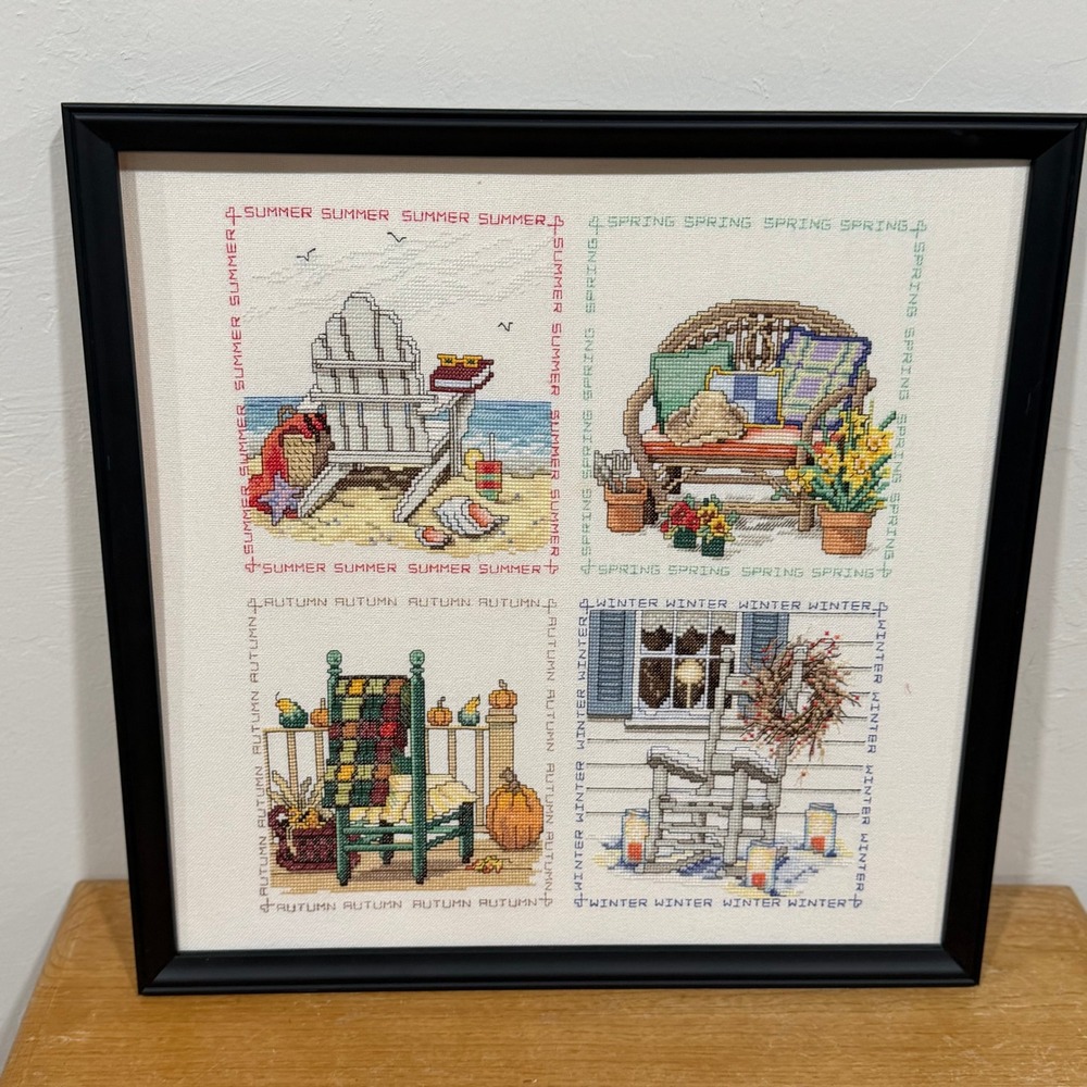 Vintage Four Seasons Cross Stitch Framed Wall Art Farmhouse Sampler - Picture 2 of 9